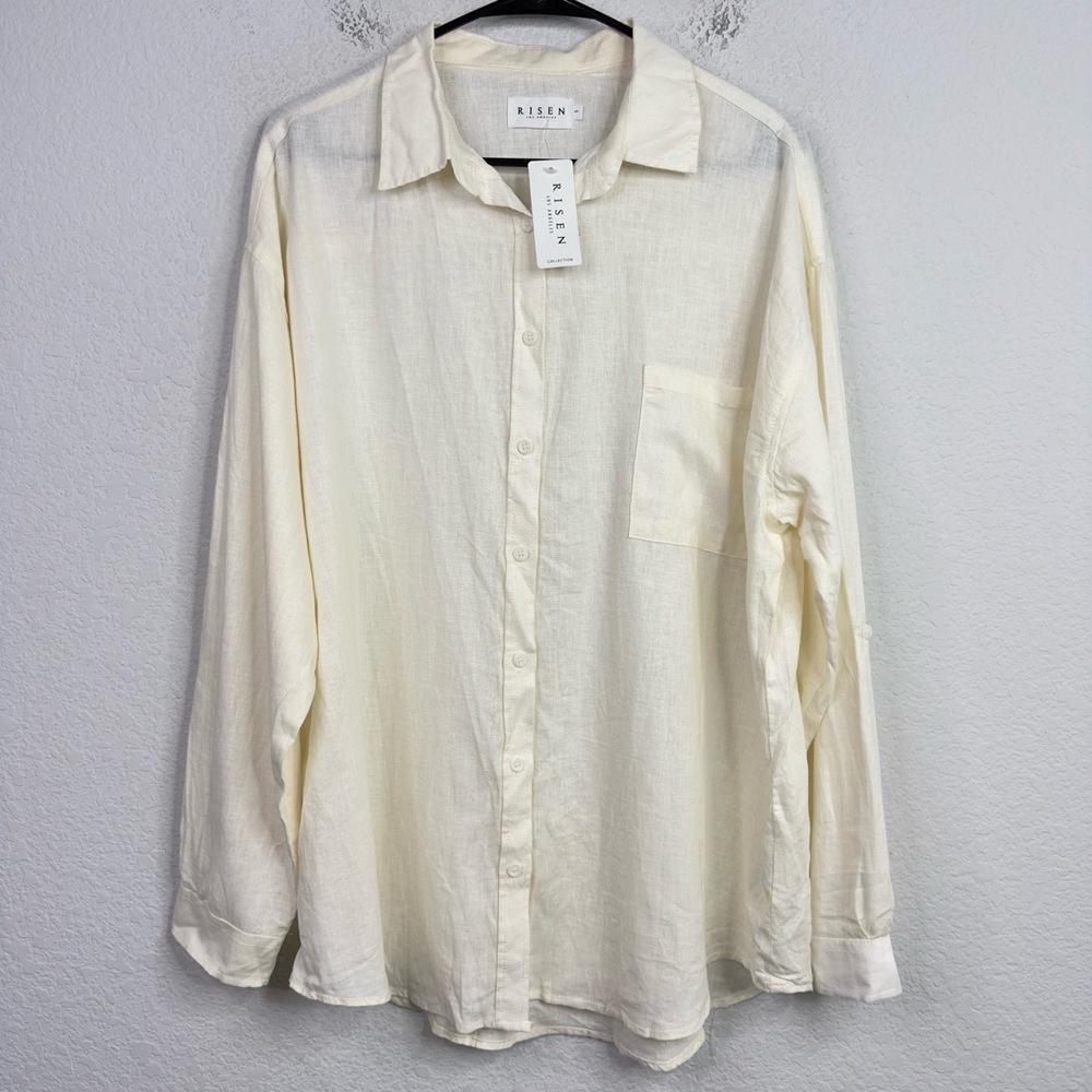 RISEN Womens S Beige Linen Blend Long Sleeve Button Coastal Lagenlook Boho